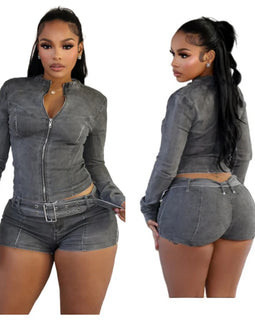 Sexy Denim Womens 2 Two Piece Set Stretchy Long Sleeve Zip Up Slim Jackets and Shorts Suits Y2k Streetwear Belt Jean Outfit Sets