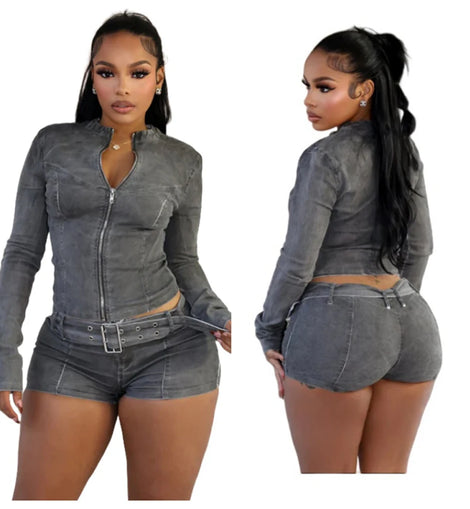 Sexy Denim Womens 2 Two Piece Set Stretchy Long Sleeve Zip Up Slim Jackets and Shorts Suits Y2k Streetwear Belt Jean Outfit Sets